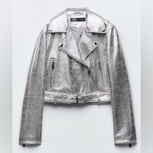 Zara Distressed Metallic Silver Faux Leather Moto Cropped Jacket Size XS